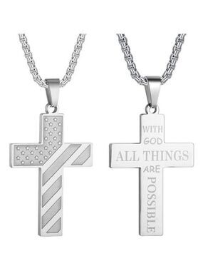 Silver American Flag GOD Cross Necklace Men Stainless Steel Box Chain 22+2 inch